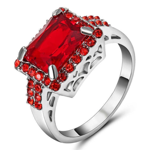 Jewelry - Red Ruby Big Stone Ring 18k White Gold Filled Ring
